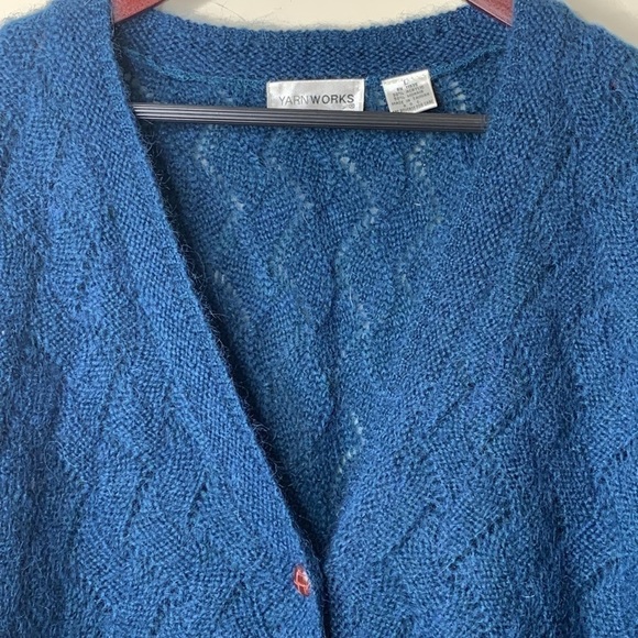 Yarnworks Blue Mohair Acrylic Blend Button Down Textured Knit V Neck Cardigan L - Picture 3 of 12